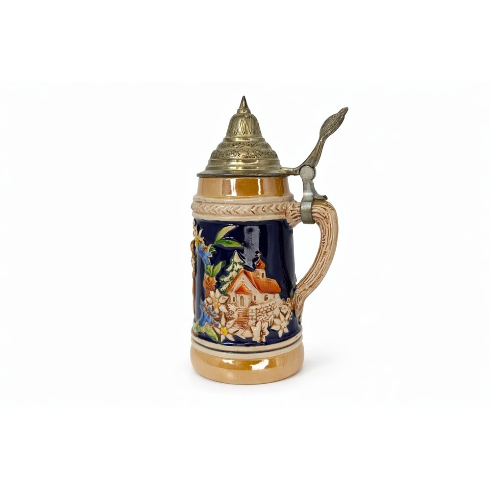 VTG German Beer Stein Lidded Ceramic Relief Tavern Scene Pewter Lid Mug EUC‎